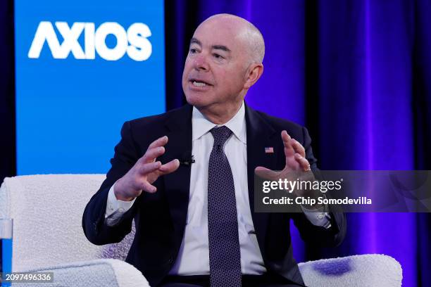 Homeland Security Secretary Alejandro Mayorkas speaks during the third annual Axios What's Next Summit at the Planet Word Museum on March 19, 2024 in...