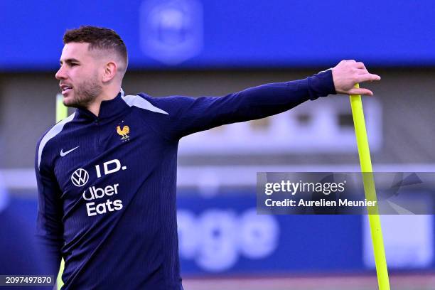 Lucas Hernandez looks on during a France training session as part of the French national team's preparation for upcoming friendly football matches at...