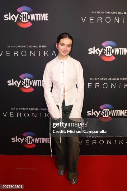 Wilma Lidén attends the exclusive launch of new SkyShowtime Original Series, Veronika, hosted at Bio Fågel Blå Stockholm on March 19, 2024 in...