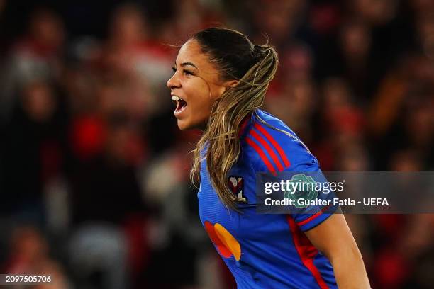 Delphine Cascarino of Olympique Lyonnais celebrates scoring her team's first goal during the UEFA Women's Champions League 2023/24 Quarter Final Leg...