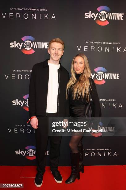 Erik Ahenborg and Erika Bartat attend the exclusive launch of new SkyShowtime Original Series, Veronika, hosted at Bio Fågel Blå Stockholm on March...