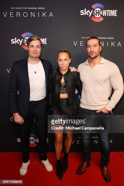 Simon Lindström, Elin Härkönen and Ako Rahim attend the exclusive launch of new SkyShowtime Original Series, Veronika, hosted at Bio Fågel Blå...