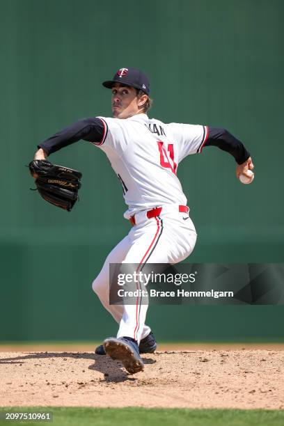Joe Ryan of the Minnesota Twins pitches during a spring training game against the Boston Red Sox on March 18, 2024 at the Lee County Sports Complex...