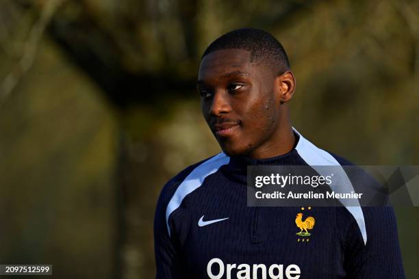 Randal Kolo Muani looks on during a France training session as part of the French national team's preparation for upcoming friendly football matches...