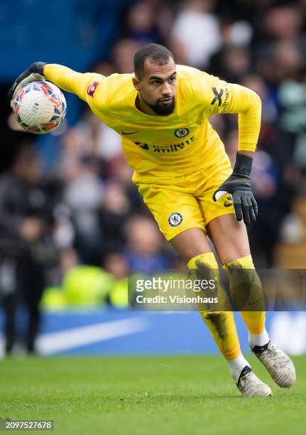 Robert Sanchez of Chelsea during the Emirates FA Cup Quarter Final between Chelsea FC and Leicester City at Stamford Bridge on March 17, 2024 in...