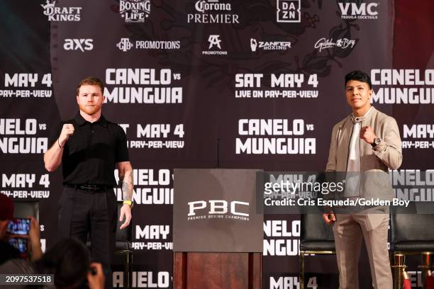 Canelo Alvarez and Jaime Munguia pose for media at the Canelo Álvarez v. Jaime Munguía kickoff presser at The Beverly Hills Hotel on March 19, 2024...