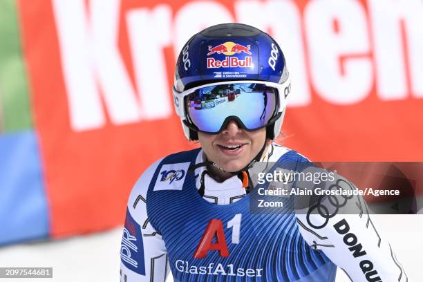 Ester Ledecka of Team Czech Republic celebrates during the Audi FIS Alpine Ski World Cup Finals Men's and Women's Super G on March 22, 2024 in...