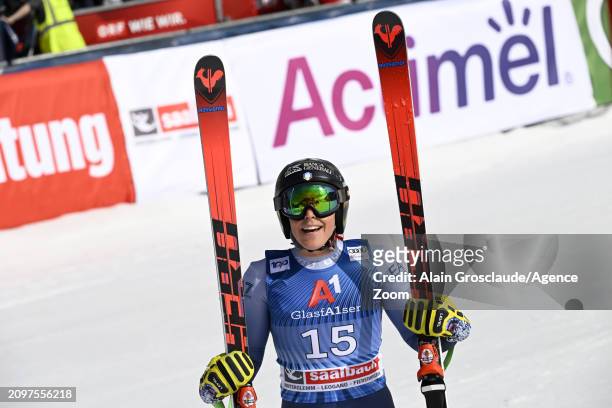 Federica Brignone of Team Italy celebrates during the Audi FIS Alpine Ski World Cup Finals Men's and Women's Super G on March 22, 2024 in Saalbach...