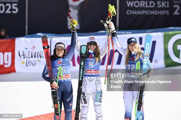 Federica Brignone of Team Italy takes 2nd place, Ester Ledecka of Team Czech Republic takes 1st place, Kajsa Vickhoff Lie of Team Norway takes 3rd...