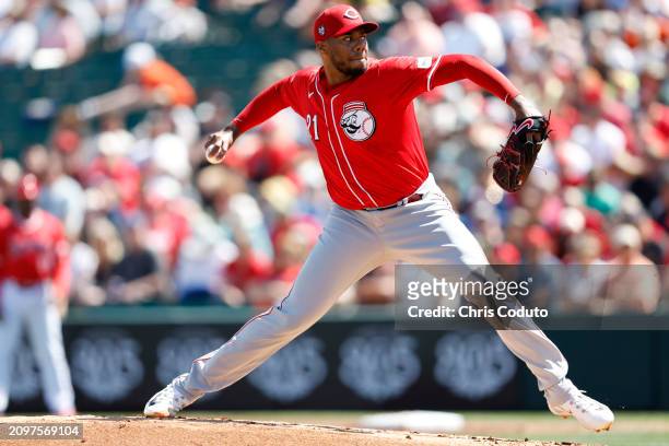 Hunter Greene of the Cincinnati Reds pitches during the first inning of a spring training game against the Los Angeles Angels at Tempe Diablo Stadium...