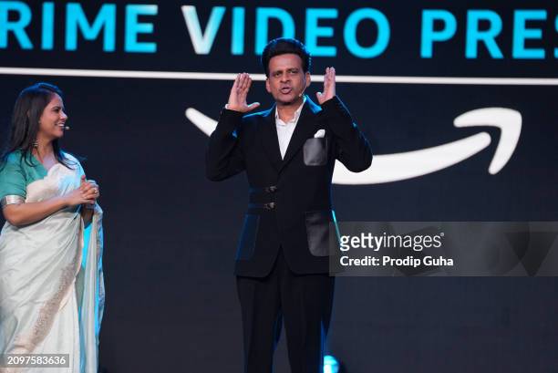 Aparna Purohit and Manoj Bajpai attend the Prime Video Presents India Showcase on March 19, 2024 in Mumbai, India.