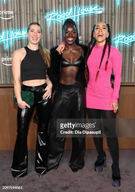 Selena Samuela, Tunde Oyeneyin and Robin Arzon attend the "Road House" New York Premiere at Jazz at Lincoln Center on March 19, 2024 in New York City.