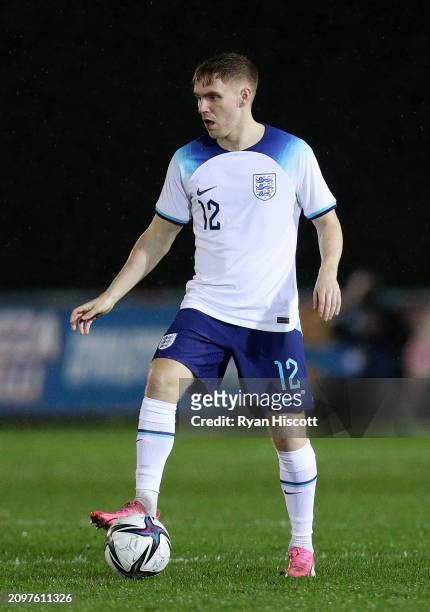 Dan Pybus of England C controls the ball during the International Challenge Match between Wales C and England C at Stebonheath Park on March 19, 2024...