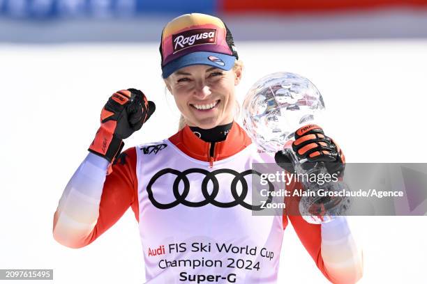 Lara Gut-behrami of Team Switzerland wins the globe in the overall standings during the Audi FIS Alpine Ski World Cup Finals Women's Super G on March...