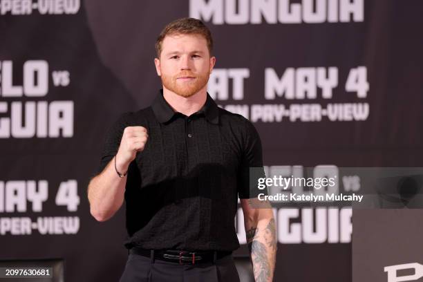 Canelo Alvarez poses for a photo during a news conference to preview his super middleweight fight against Jaime Munguia at The Beverly Hills Hotel on...