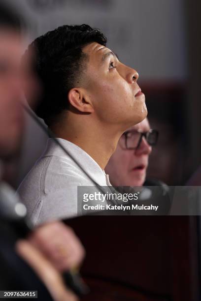 Jaime Munguia looks on during a news conference to preview his super middleweight fight against Canelo Alvarez at The Beverly Hills Hotel on March...