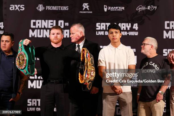 Canelo Alvarez and Jaime Munguia pose for media at the Canelo Álvarez v. Jaime Munguía kickoff presser at The Beverly Hills Hotel on March 19, 2024...