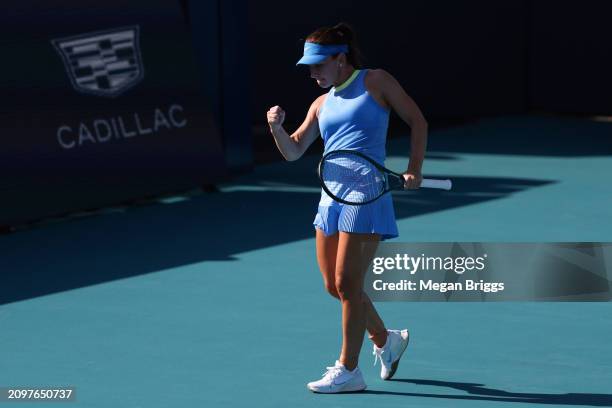 Simona Halep of Romania reacts during her women's singles match against Paula Badosa of Spain during the Miami Open at Hard Rock Stadium on March 19,...