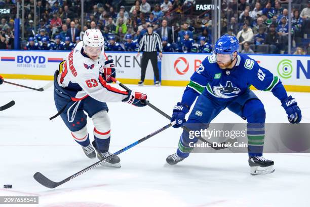 Ivan Miroshnichenko of the Washington Capitals is checked by Ian Cole of the Vancouver Canucks during the first period of their NHL game at Rogers...