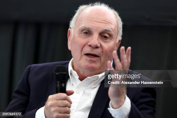 Bayern München Honorary President Uli Hoeness speaks during the MMM-Messe on March 19, 2024 in Munich, Germany. For many years, the trade fair has...