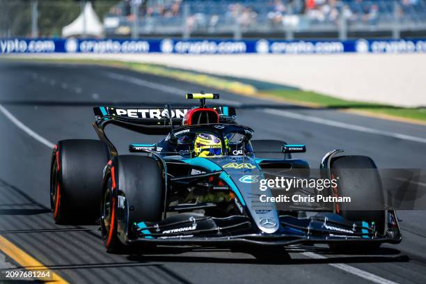 Lewis Hamilton of Great Britain drives the Mercedes AMG Petronas F1 Team W15 during first practice in the 2024 Australian Grand Prix at Albert Park...