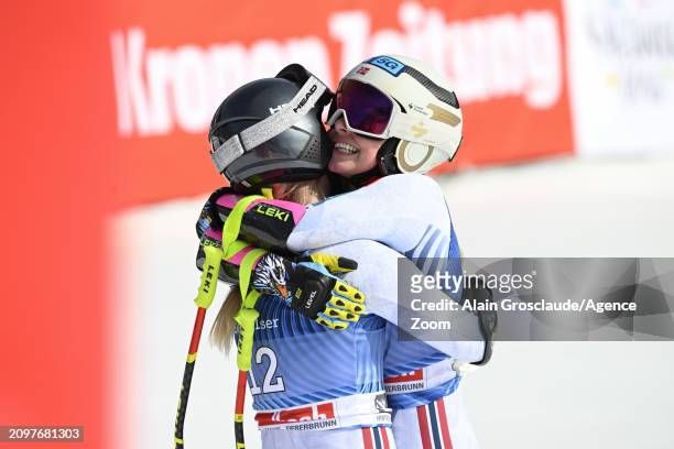 Kajsa Vickhoff Lie of Team Norway celebrates with Ragnhild Mowinckel of Team Norway during the Audi FIS Alpine Ski World Cup Finals Men's and Women's...