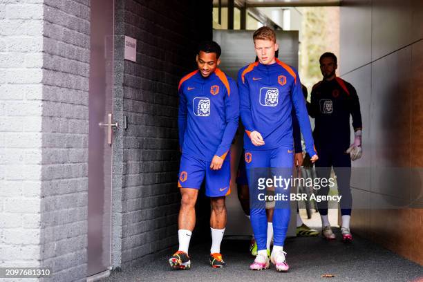 Quinten Timber of the Netherlands and Jerdy Schouten of the Netherlands during a Training Session of the Netherlands Men's Football Team at the KNVB...