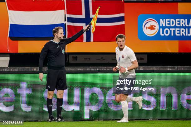 Assistant Referee Martin Thomsen raising his flag, Leo Fuhr Hjelde of Norway U21 during the U21 International Friendly match between Netherlands U21...