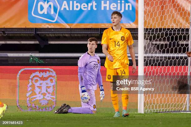 Goalkeeper Robin Roefs of the Netherlands U21, Max Bruns of the Netherlands U21 looks dejected after conceding his sides second goal during the U21...