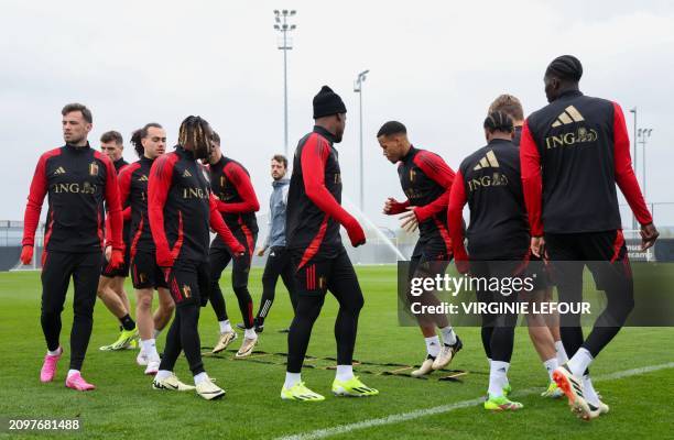 Illustration picture shows the start of a training session of Belgian national soccer team Red Devils, at the Royal Belgian Football Association's...