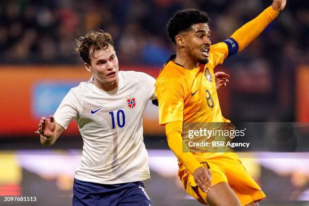 Kristian Malt Arnstad of Norway U21 and Ian Maatsen of the Netherlands U21 asking for the ball during the U21 International Friendly match between...