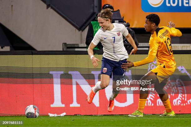Andreas Schjelderup of Norway U21 battles for possession with Ryan Flamingo of the Netherlands U21 during the U21 International Friendly match...