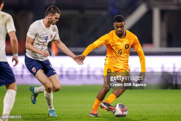 Lasse Nordas of Norway U21 battles for possession with Jorrel Hato of the Netherlands U21 during the U21 International Friendly match between...