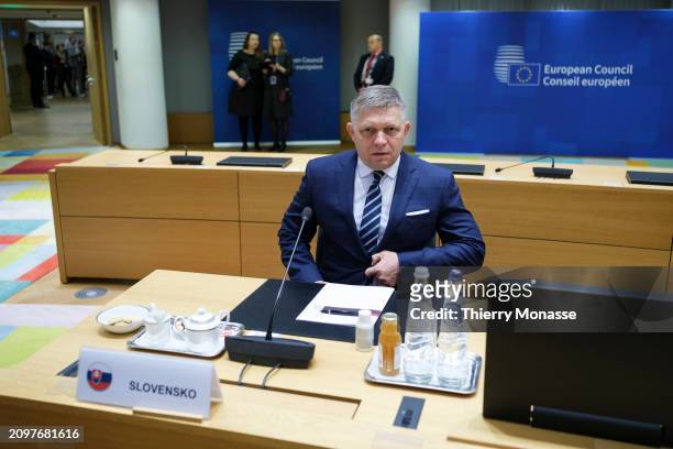 Slovak Prime Minister Robert Fico attends the second day of an EU Summit in the Europa building, the EU Council headquarter on March 22, 2024 in...
