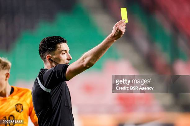 Referee Florian Badstubner shows yellow card during the U21 International Friendly match between Netherlands U21 and Norway U21 at Goffertstadion on...