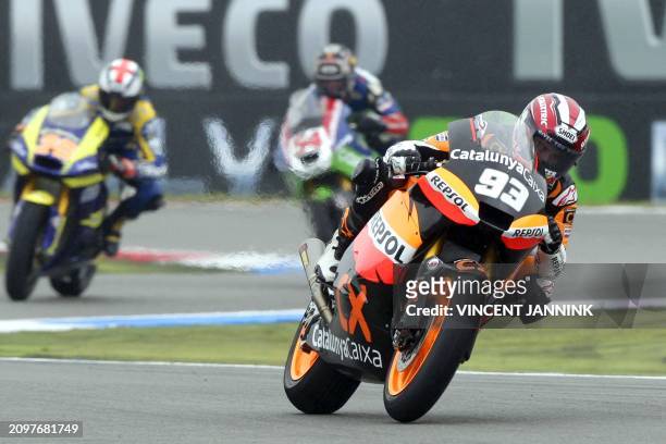 Spanish Marc Marguez leads in Moto2 ahead of Turk Kenan Sofuoglu and Briton Bradley Smith at the Dutch Grand Prix in Assen on June 25, 2011. AFP...