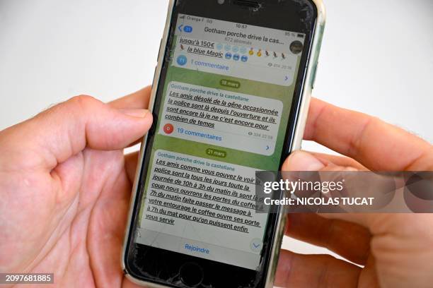 This photograph taken on March 22, 2024 in Marseille, southern France, shows a Telegram message allegedly sent by drug dealers to potential customers...