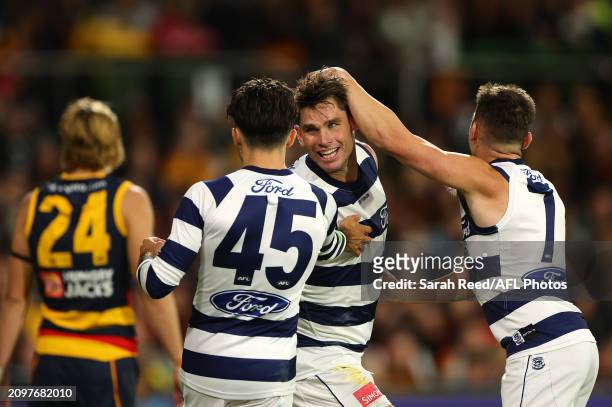 Tom Hawkins of the Cats celebrates a goal with Brad Close and Shaun Mannagh during the 2024 AFL Round 2 match between the Adelaide Crows and the...