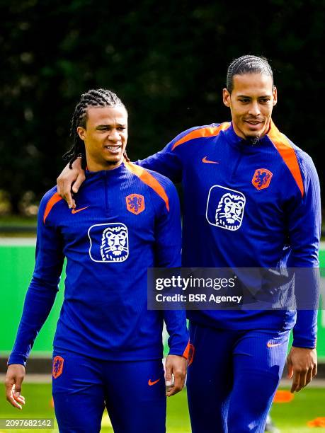 Nathan Ake of the Netherlands and Virgil van Dijk of the Netherlands during a Training Session of the Netherlands Men's Football Team at the KNVB...