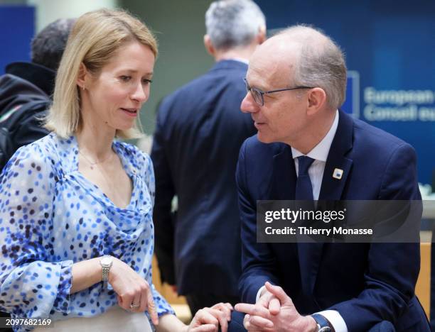 Estonian Prime Minister Kaja Kallas is talking with the Luxembourg Prime Minister Luc Frieden prior the start of the second day of an EU Summit in...