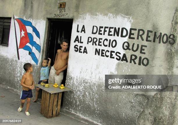 Father hopes people buy his fruit in front of his house decorated with a revolutionary flag and messages in Santiago de Cuba, 01 December 2001. Un...