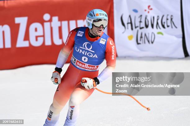 Stefan Rogentin of Team Switzerland celebrates during the Audi FIS Alpine Ski World Cup Finals Men's and Women's Super G on March 22, 2024 in...