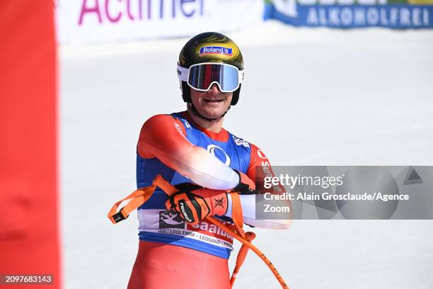 Arnaud Boisset of Team Switzerland celebrates during the Audi FIS Alpine Ski World Cup Finals Men's and Women's Super G on March 22, 2024 in Saalbach...