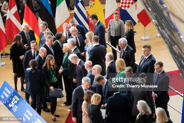 European leaders arrive for a group photo during the second day of an EU Summit in the Europa building, the EU Council headquarter on March 22, 2024...
