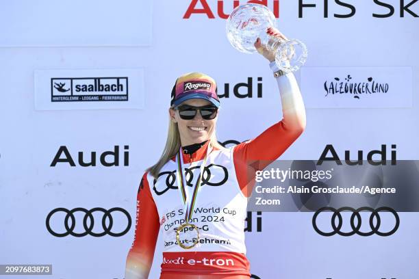 Lara Gut-behrami of Team Switzerland wins the globe in the overall standings during the Audi FIS Alpine Ski World Cup Finals Women's Super G on March...