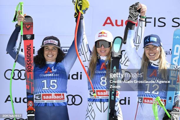 Federica Brignone of Team Italy takes 2nd place, Ester Ledecka of Team Czech Republic takes 1st place, Kajsa Vickhoff Lie of Team Norway takes 3rd...