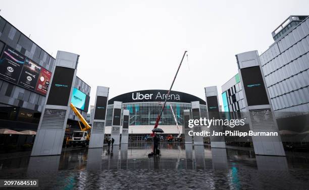 The final letter is installed during the renaming of the former Mercedes-Benz Arena to Uber Arena on March 22, 2024 in Berlin, Germany.