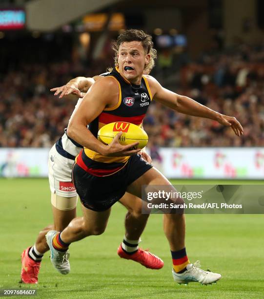 Jake Soligo of the Crows and Oisin Mullin of the Cats during the 2024 AFL Round 2 match between the Adelaide Crows and the Geelong Cats at Adelaide...