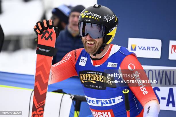 Switzerland's Alex Fiva reacts after competing in the men's semi-final heat 1 of the ski cross event of the FIS World Cup at Idre Fjäll, Sweden, on...