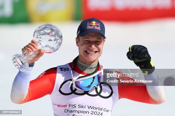 Marco Odermatt of Switzerland with the crystal globe for the overall Super G champion during the Audi FIS Alpine Ski World Cup Finals - Mens Super G...